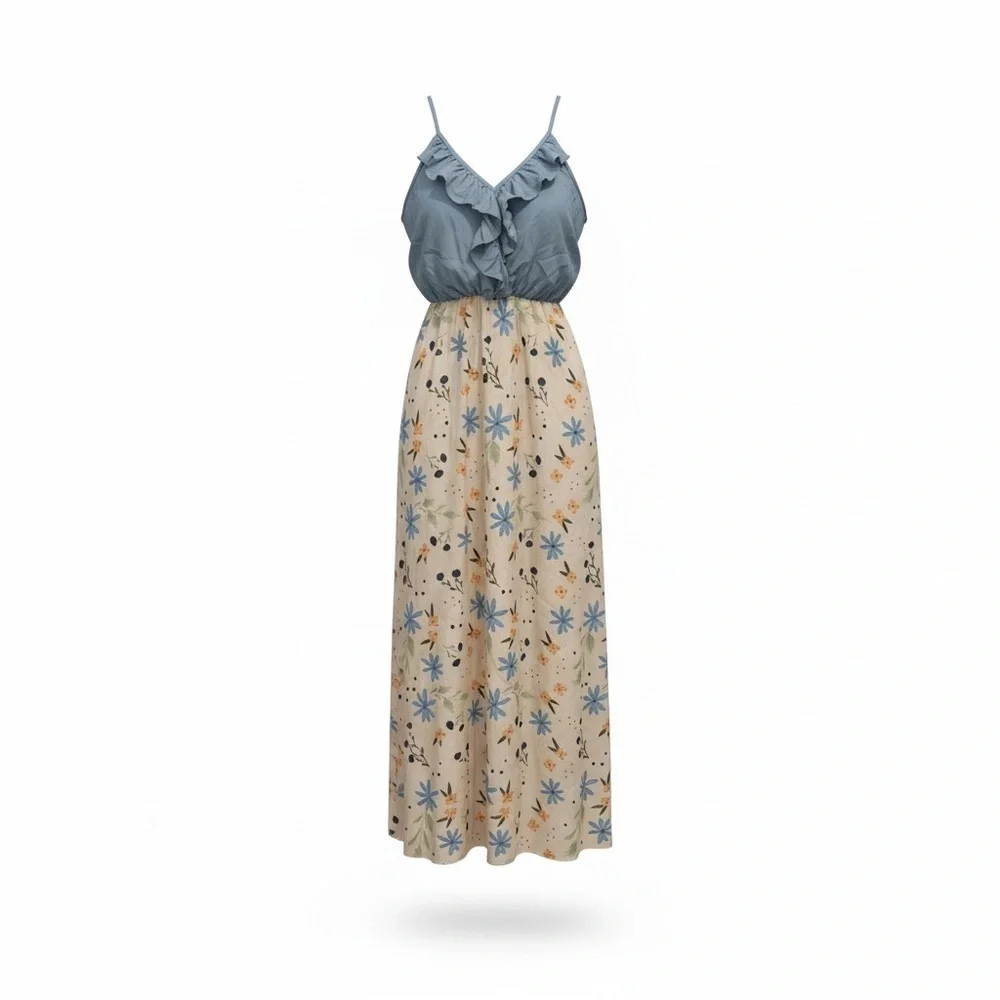 Chicmatchy Blue & Cream Floral Maxi Dress | Size Small | NWOT